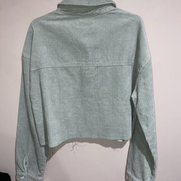 PacSun Greens Cropped Corduroy Jacket Trucker Style 100% Cotton Raw Hem Sz M/L - Picture 7 of 7